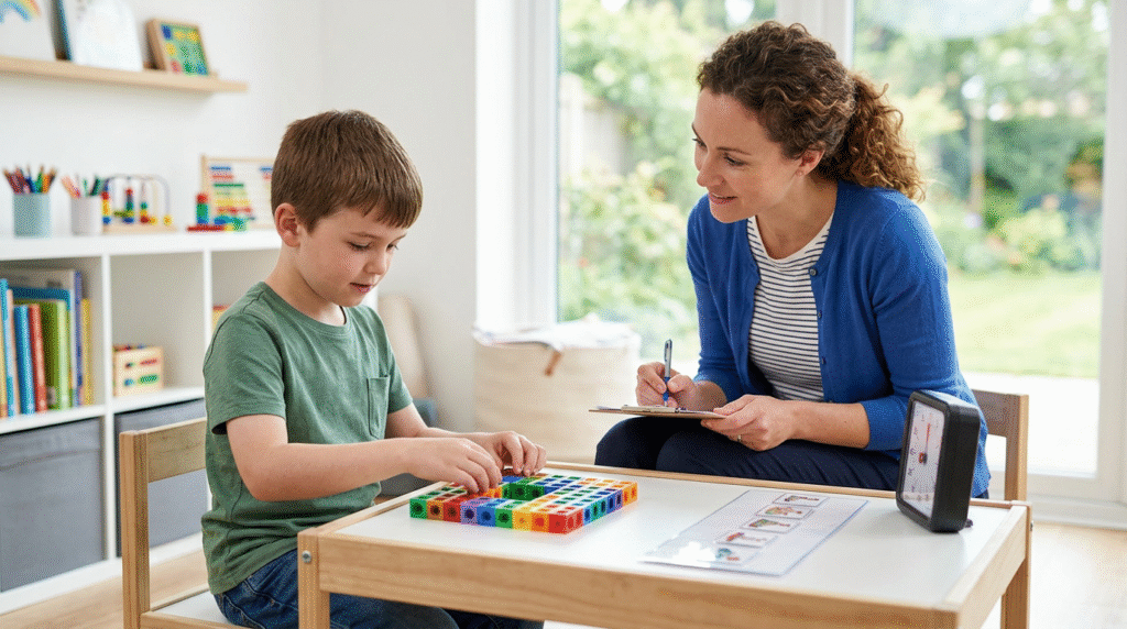 A therapist's hand pointing to a progress chart on a tablet, illustrating data-driven tracking of skill development in ABA therapy for Level 1 autism.