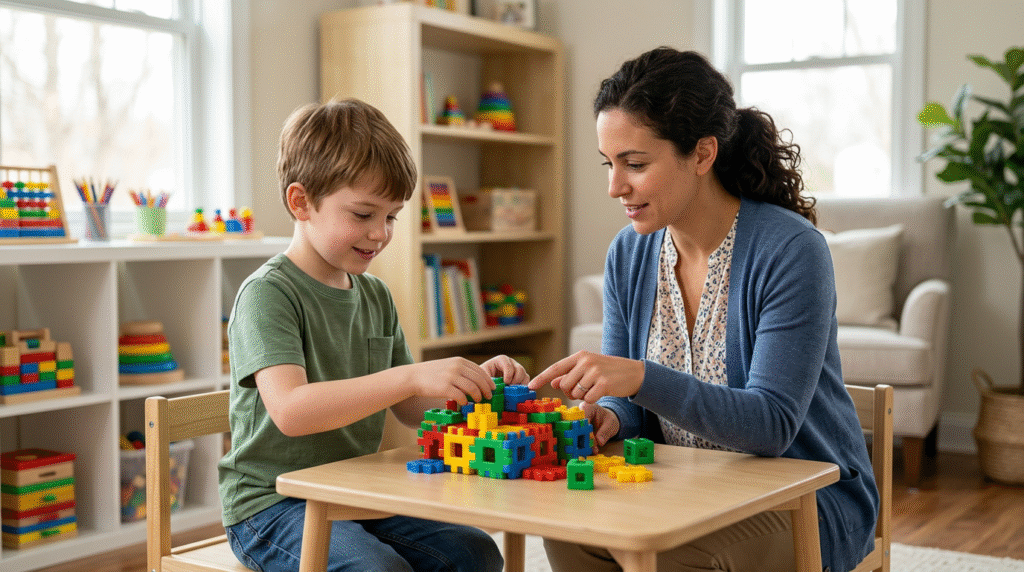 A parent and child with Level 1 Autism engaging with an ABA therapist in a positive, collaborative setting.