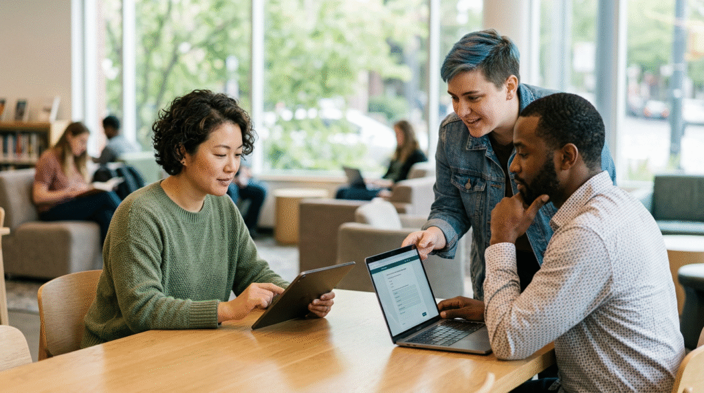 Adults thoughtfully engaging with various online autism screeners on laptops and tablets, reflecting on questions about social interaction, sensory experiences, and personal routines in a calm, modern setting.